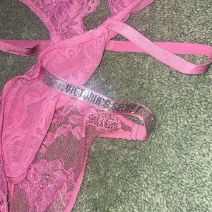 victorias secret pink lace bodysuit with bedazzled waist